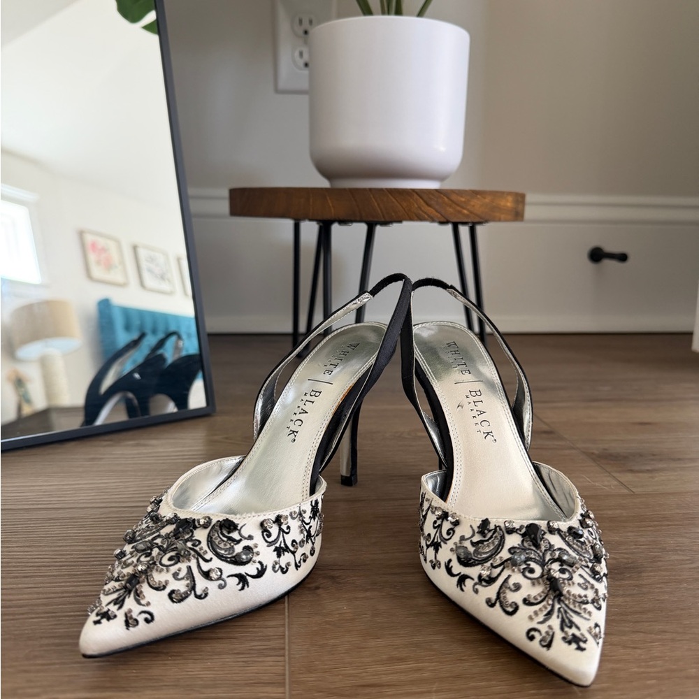 White House Black Market Black and White Embroidered Heels